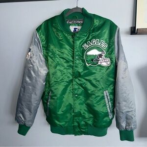 Eagles Green Satin Bomber Jacket with Silver Sleeves
